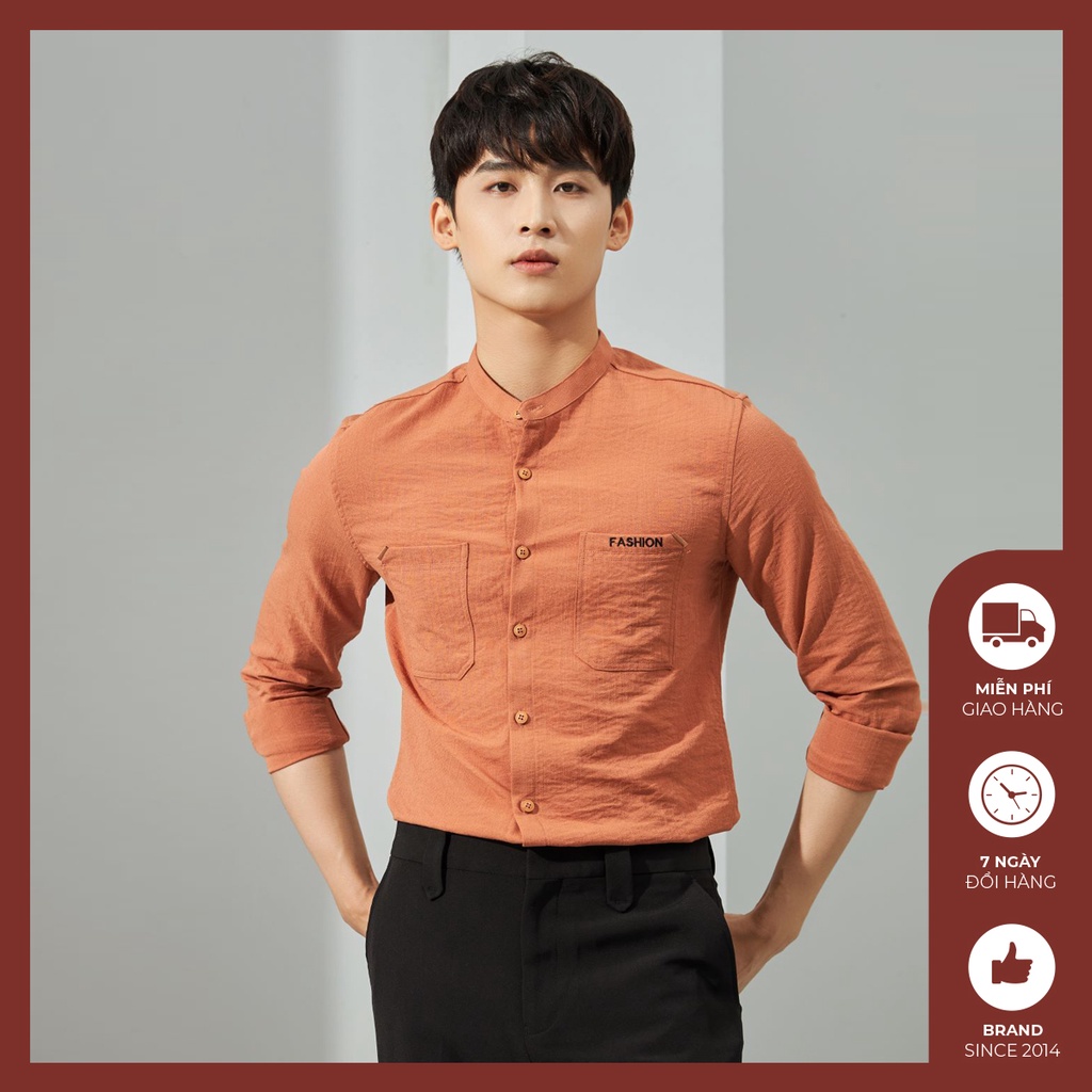 Áo Sơ Mi Đũi Trơn Cổ Tàu (Cổ Trụ) Ba Màu Đen Cam Trắng Thêu Chữ ĐỘC MENSWEAR - SM337