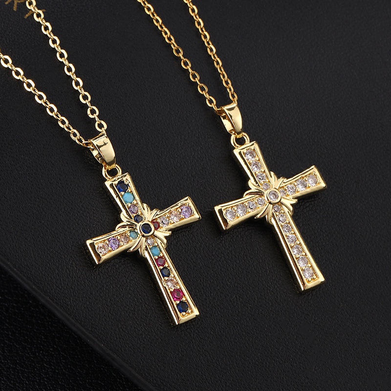 ❤zheting❤ Vòng cổ Thép Titan Mạ Vàng 18K Mặt Thánh Giá Đính Đá zircon Thời Trang