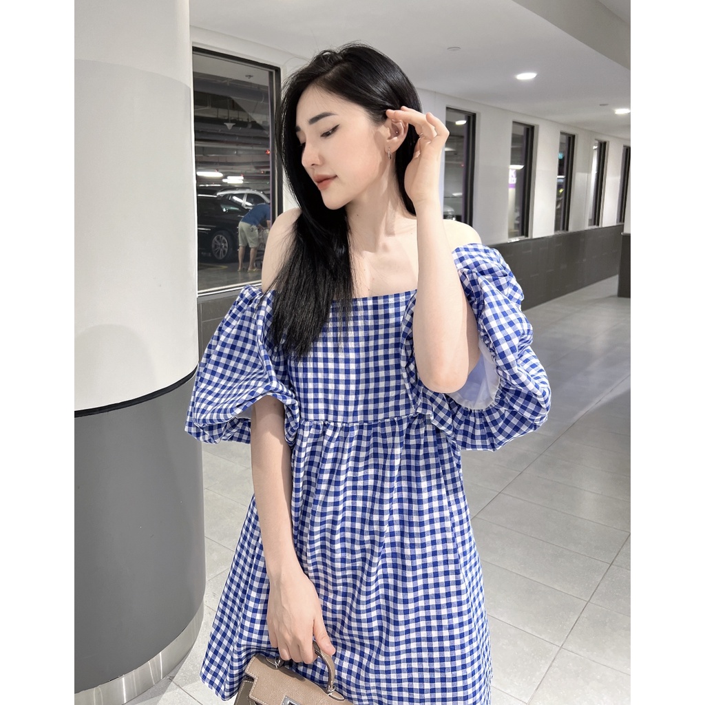 Váy kẻ caro trễ vai màu xanh hottrend dáng babydoll ulzang hàn quốc - Hàng chất lượng cao