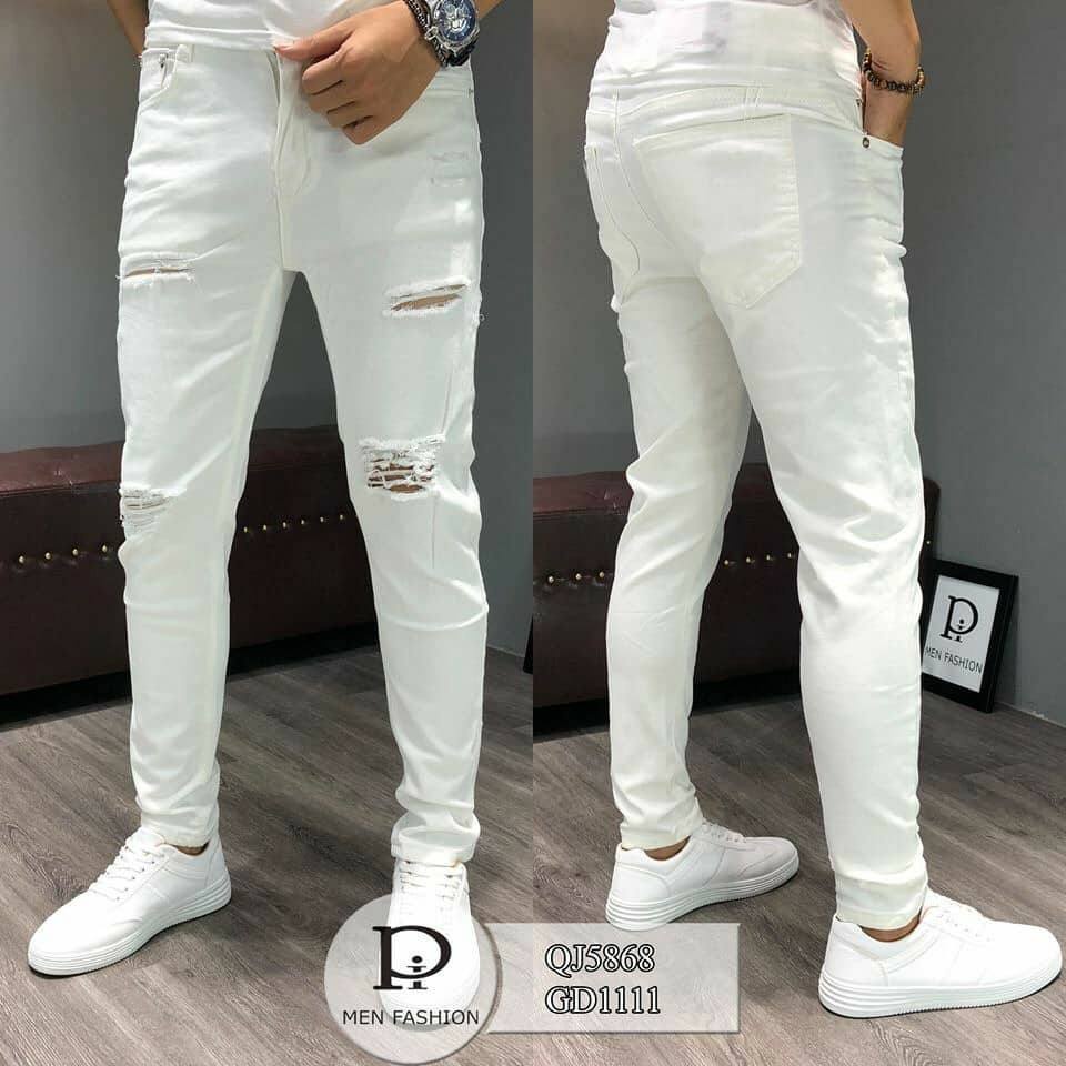 Quần jean nam chất bò rách gối xước nhẹ 2 màu (trắng,đen) chuẩn form cao cấp DV-FASHION | BigBuy360 - bigbuy360.vn