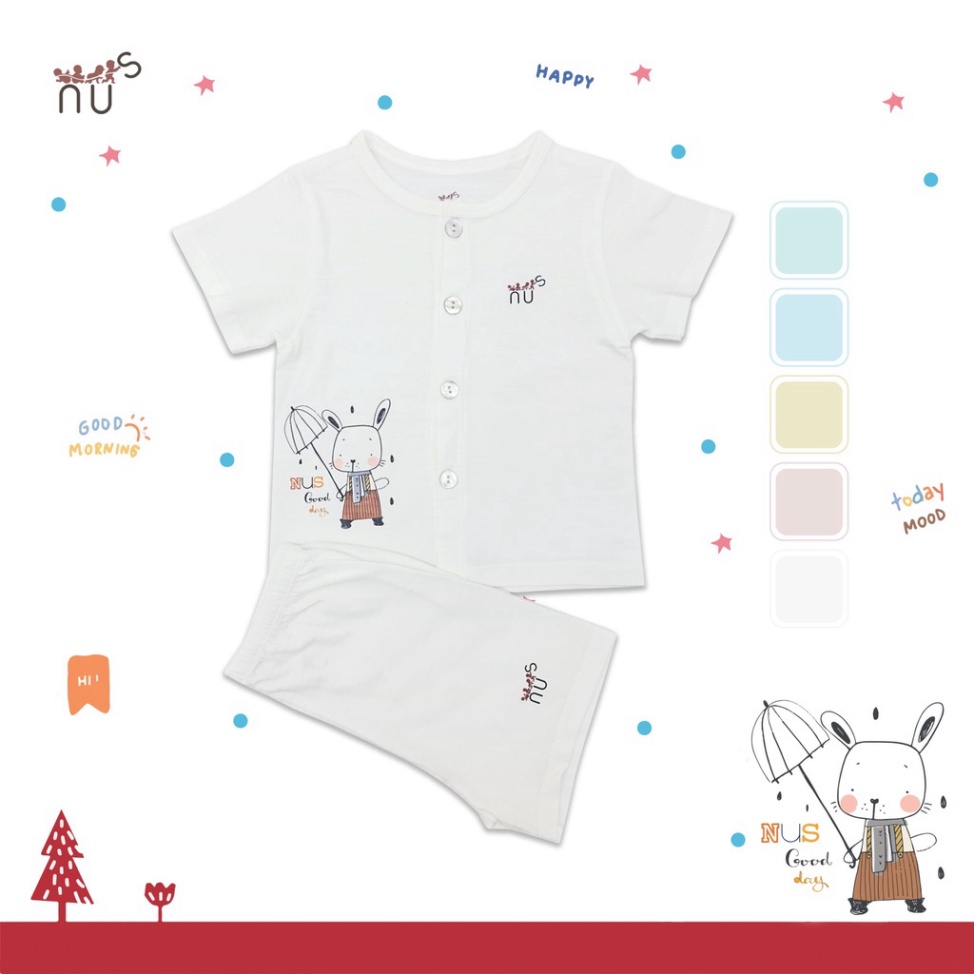 Bộ quần áo cộc tay cho bé cài thẳng họa tiết chuột che dù mềm mịn, dễ thương nhà NUS cho bé dưới 20kg