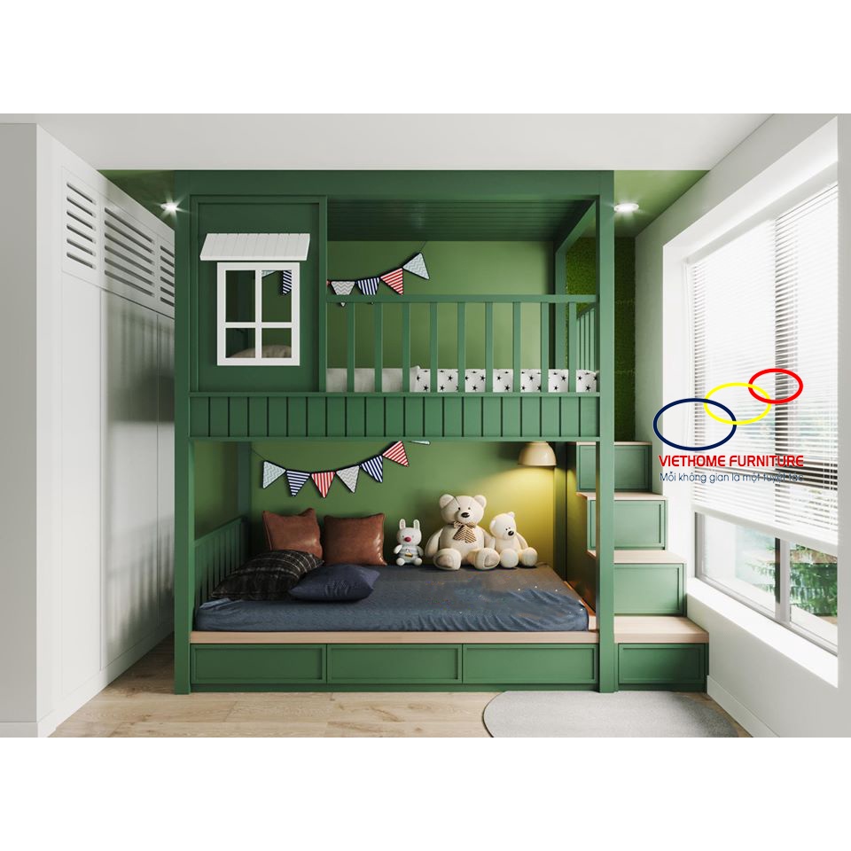 Giường tầng siêu đẹp cho bé trai với Gam màu xanh cá tính-Nội thất Viethome bảo hành & bảo trì sản phẩm 6 năm