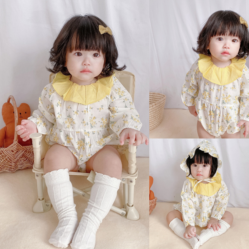 Set Áo Liền Quần Dài Tay Họa Tiết In Hoa + Mũ Đội Đầu Cho Bé Gái