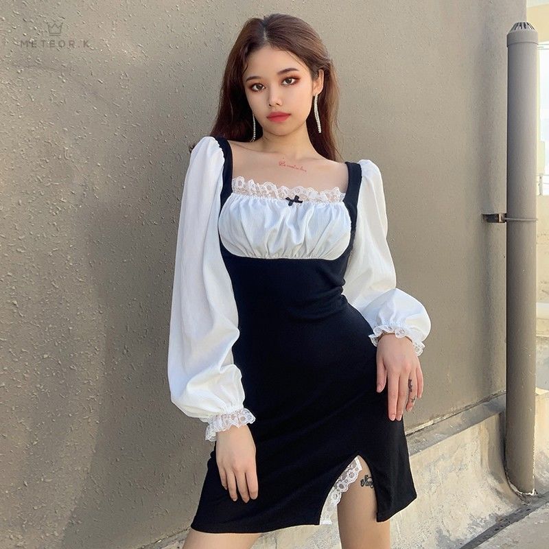 Đầm Ren Cổ Vuông Tay Phồng Thời Trang Thanh Lịch Cho Nữ