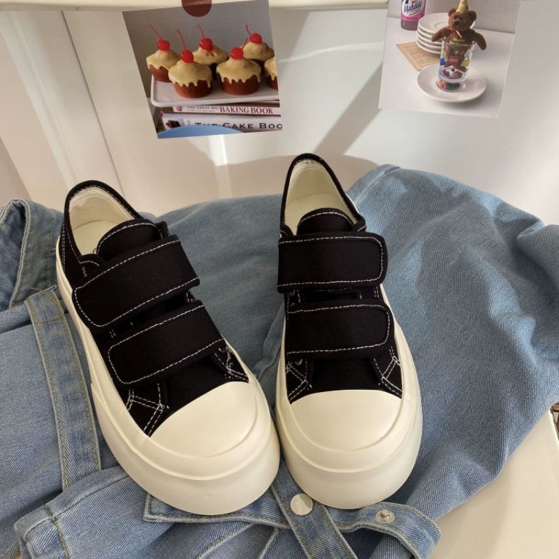 [ORDER- ẢNH THẬT] Giày lười sneaker dán quai năng động ulzzang đen và trắng sữa phong cách old school