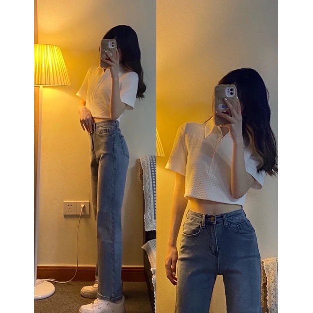 Áo thun cộc tay croptop nữ cổ polo vải tổ ong trơn trắng basic phom rộng dáng lửng suông hở eo sexy hàn quốc