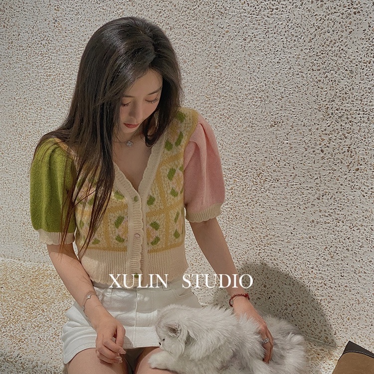 SUXI Áo Dệt Kim Tay Phồng Ngắn Cổ Chữ V Thời Trang Mùa Xuân Phong Cách Vintage Dễ Phối Đồ Cho Nữ