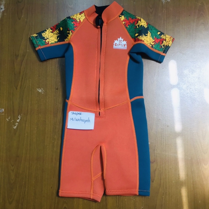 Đồ bơi giữ nhiệt ngắn tay dày 2.5mm Dive&Sail cho bé trai M150606K, màu cam tay họa tiết lá
