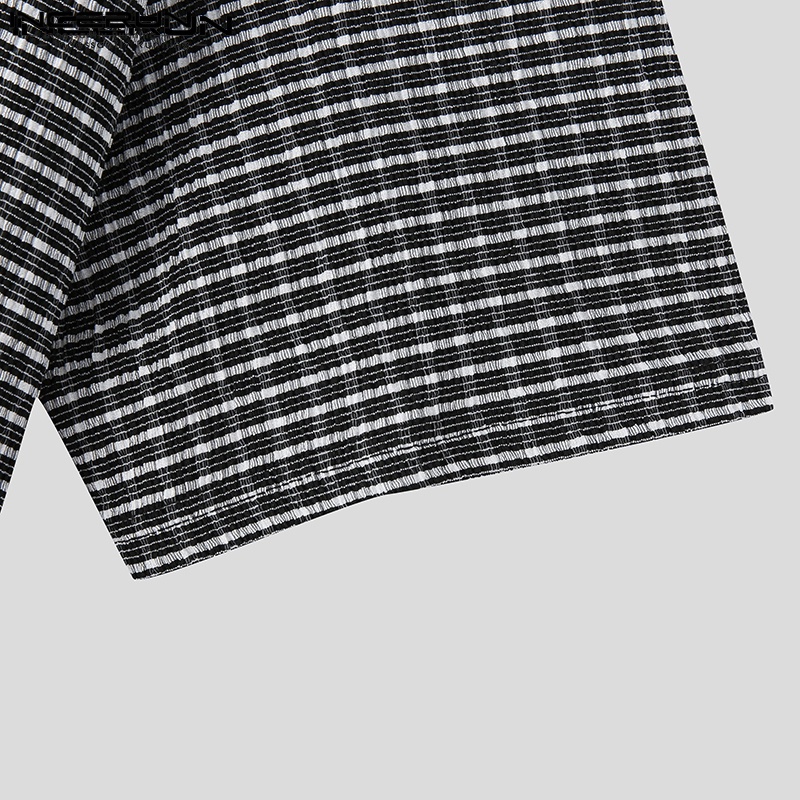 Áo thun INCERUN tay ngắn cổ tròn kẻ sọc caro dáng rộng đơn giản