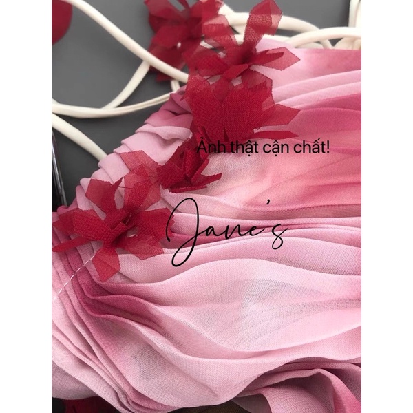 Jane Đầm suông xếp li màu loang hồng dịu dàng kết hoa rơi nhẹ kiểu Pháp ẢNH THẬT CUỐI