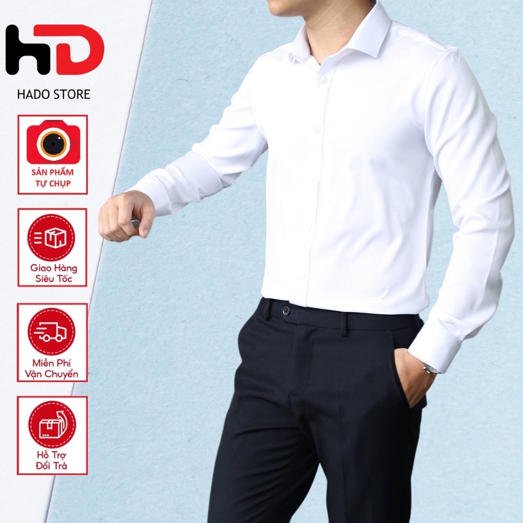 Áo Sơ Mi Nam Trơn Dài Tay Cổ Bẻ HADO, Áo Sơ Mi Hàn Quốc Dáng Body Chất Vải OXFORD Thấm Hút Mồ Hôi,Không Nhăn Không Xù