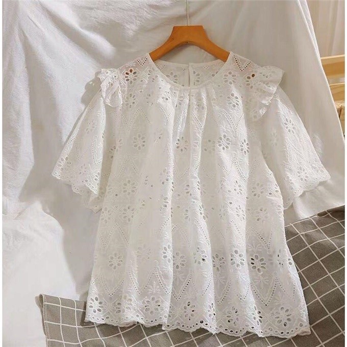 Áo kiểu babydoll tay phồng phối ren họa tiết hoa thêu đáng yêu hợp thời trang cho nữ Ulzzang