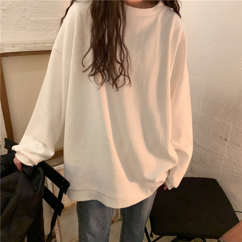 Áo Hoodies Dáng Rộng Tay Dài Màu Trơn Phong Cách Hàn Quốc Cho Nữ