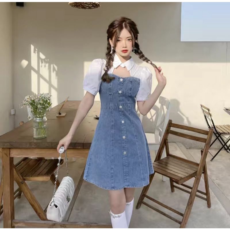 Đầm Jean Hàn Quốc Tay Bồng, Đầm Váy Loại 1