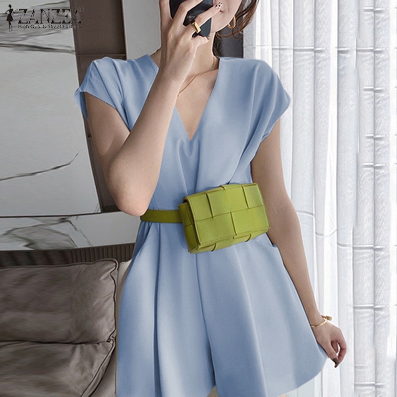 Áo liền quần ZANZEA ngắn tay cổ chữ V phong cách Hàn Quốc thời trang cho nữ