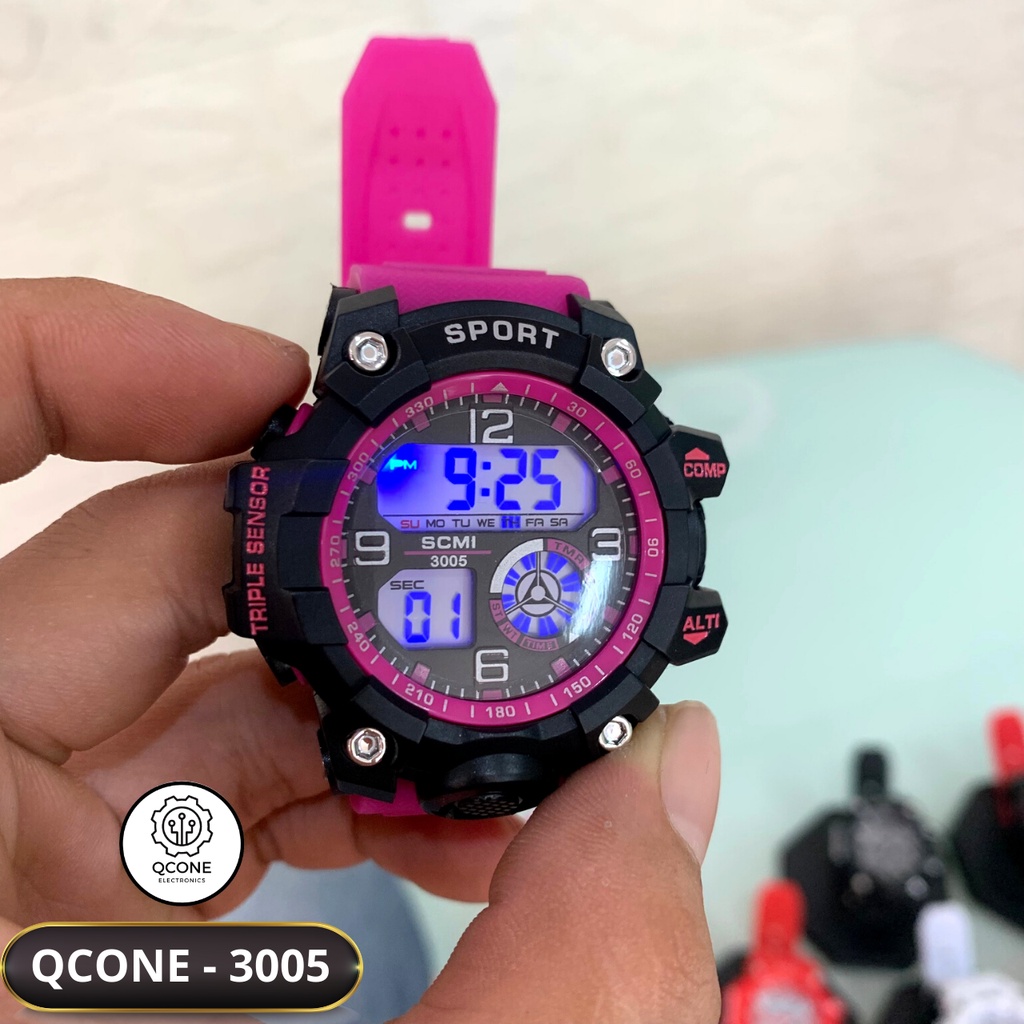Đồng hồ điện tử trẻ em bé trai và bé gái chống nước Qcone 3005 chống nước 30m đa chức năng có đèn led 7 màu
