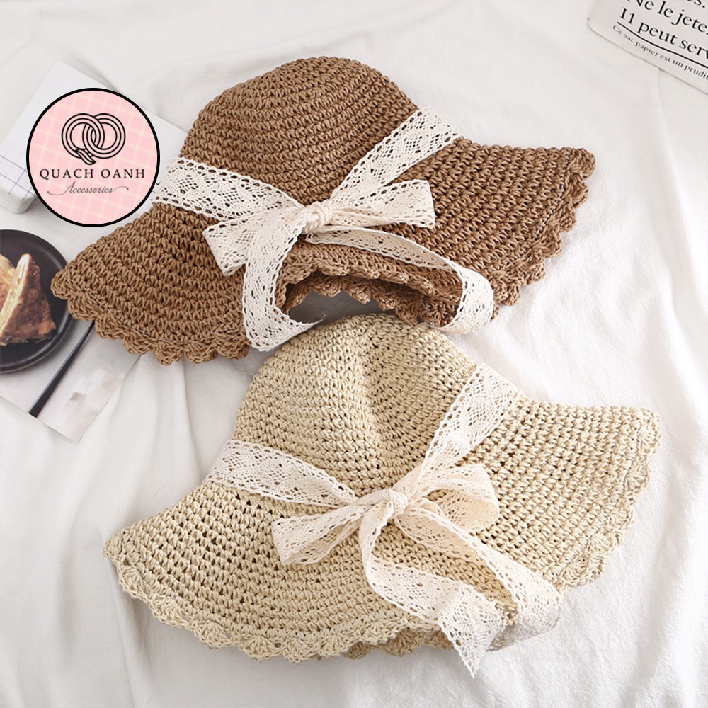 Mũ cói mềm, nón cói đi biển nhỏ mẹ và bé vành rộng phối nơ ren phong cách vintage chống nắng – MU39