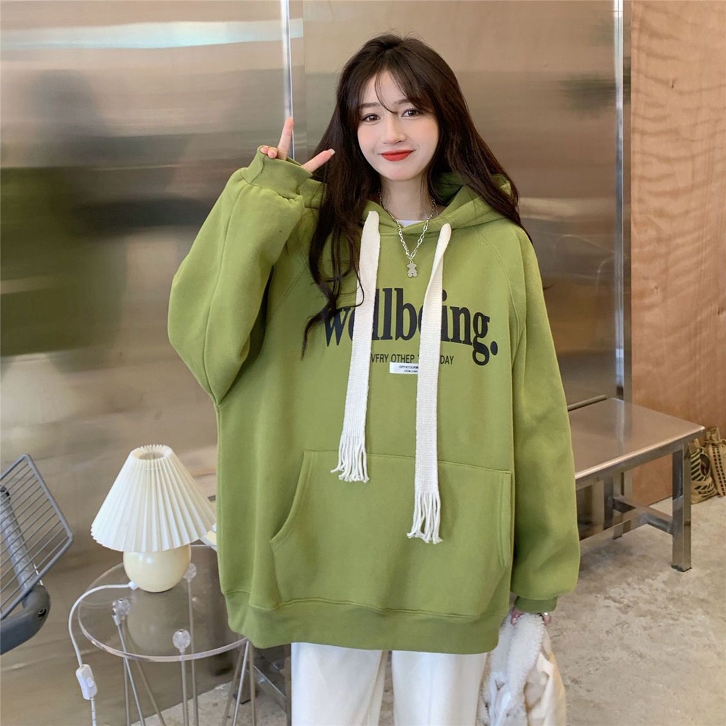 Áo Sweater Có Mũ Trùm Vải Lông Cừu Dày Dặn Phối Dây Bện In Chữ TTJ197 Thời Trang Thu Đông 2022