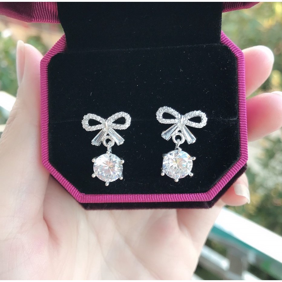 Bông tai bạc hình nơ đính đá li to, chất liệu bạc ta sang trọng nữ tính - Trang sức bạc Evasilver