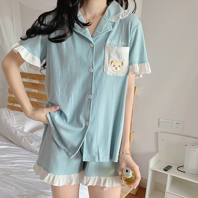 Bộ đồ ngủ ngắn tay phối vải ren thiết kế thời trang xinh xắn dành cho nữ