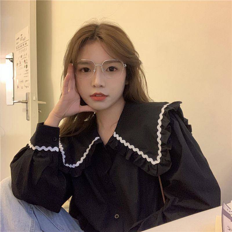 Áo sơ mi cổ búp bê dài tay form rộng thời trang xuân thu cho nữ 2021