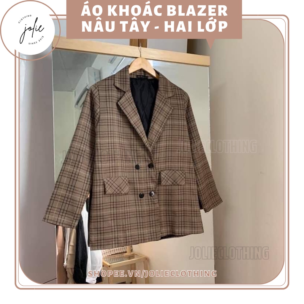 Áo khoác blazer kẻ nâu tây, áo khoác vest hai lớp dáng dài