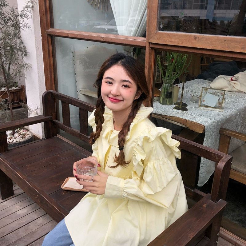 Áo Sơ Mi Tay Dài Dáng Rộng Phối Bèo Dễ Thương Phong Cách Vintage