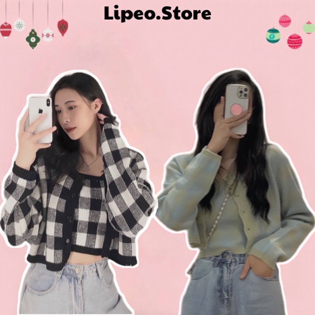 SET Áo Cardigan len kẻ caro mix áo 2 dây siêu xinh