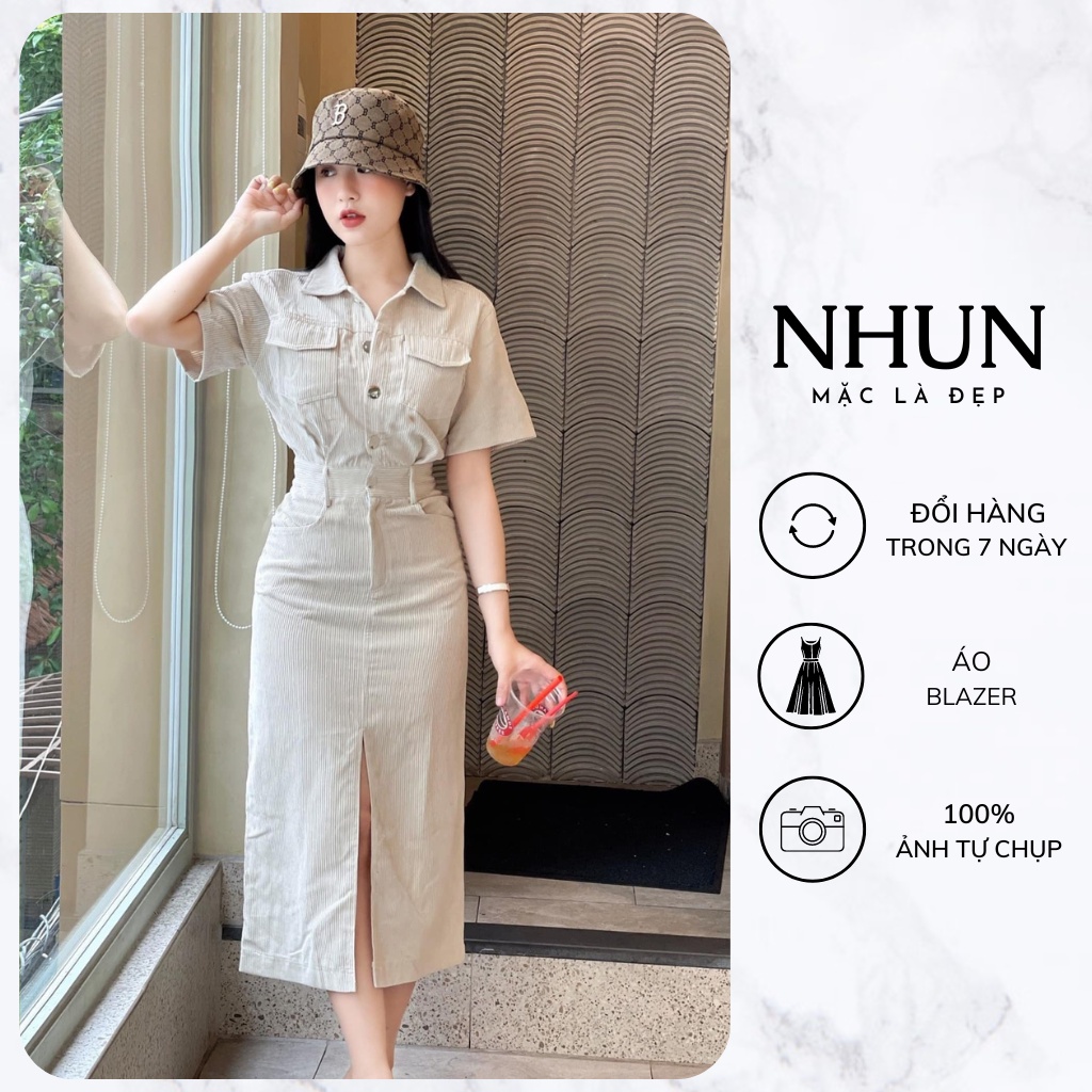 Váy thiết kế cao cấp dáng dài NhunFashion Đầm nhung tăm xẻ trước cúc đồng công sở thanh lịch N44
