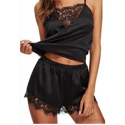 Set Đồ Ngủ Satin Phối Ren Hoa Thiết Kế Quyến Rũ