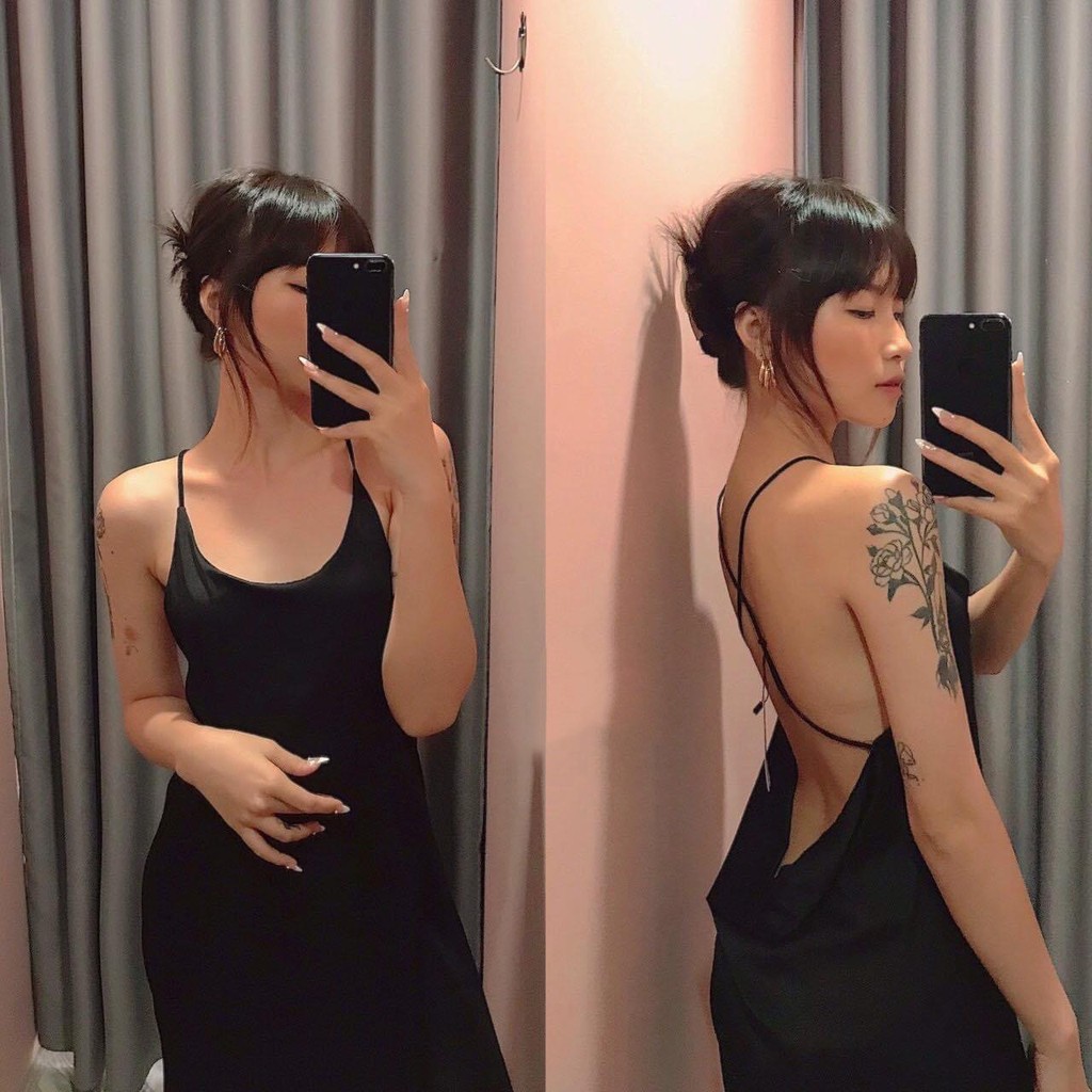 Đầm ngủ phi lụa hở lưng sexy Váy ngủ hai dây chéo lưng cao cấp