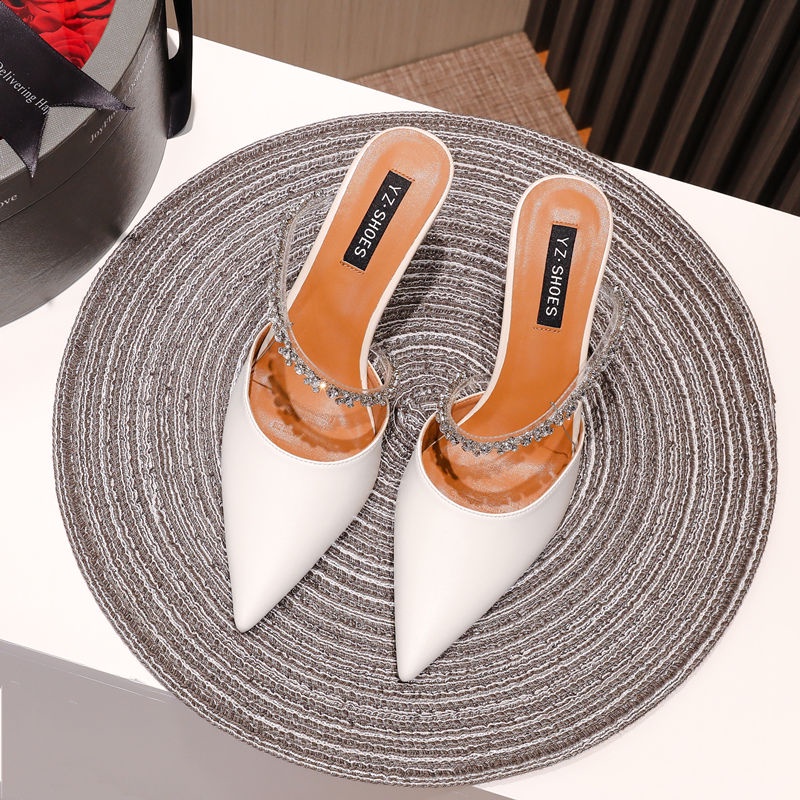 Giày cao gót mũi nhọn màu trắng thời trang mùa hè 2022 cổ tích nhẹ nhàng cho nữ