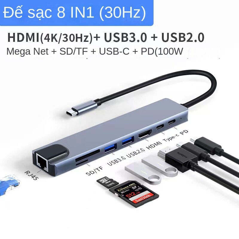 Đầu chuyển đổi USB C sang HDMI ，8 Trong 1 ，độ phân giải 4K HDMI & PD， USB C sang HDMI USB Hub Type C tiện dụng