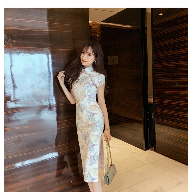 (SẴN SM) Sườn xám hoạ tiết cánh hoa (ảnh thật)