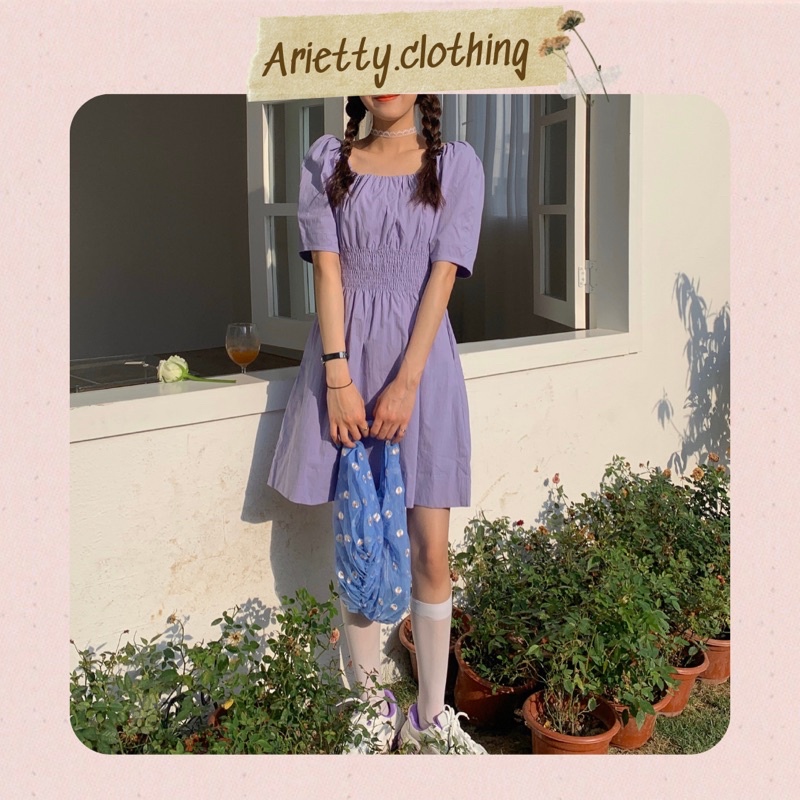 Váy Đầm Xoè Trơn Nhún Eo Tay Phồng Màu Tím Chất Linen Arietty
