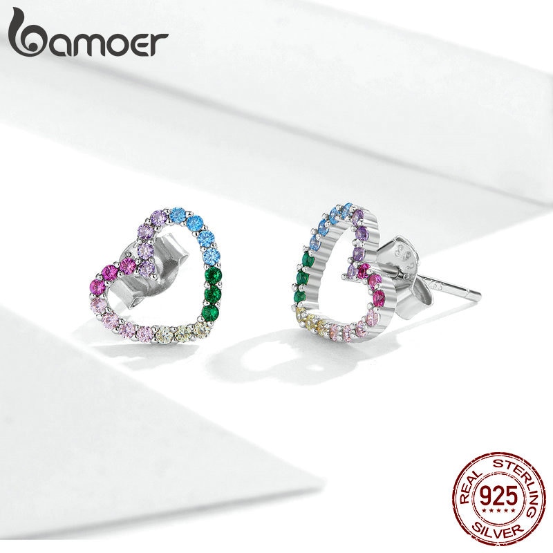 BAMOER Bông Tai  Bạc 925 Hình Trái Tim Đính Đá SCE891