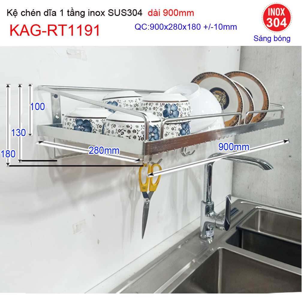 Kệ đựng chén bát inox SUS304,  kệ úp chén bát 1 tầng inox dài 90cm KAG-RT1191