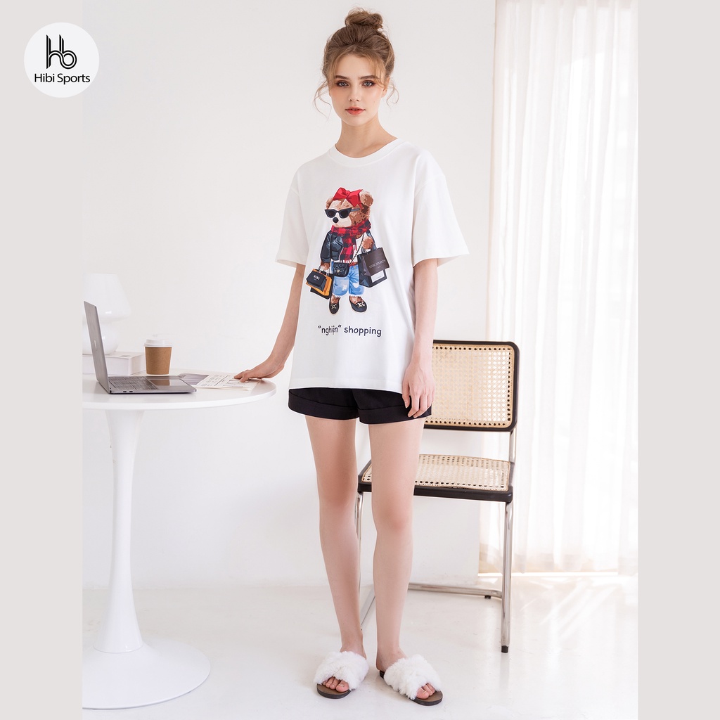 Áo thun tay lỡ Hibi Sports NGHIỆN SHOPPING ST006 kiểu phông unisex nam nữ, vải cotton Premium, form oversize