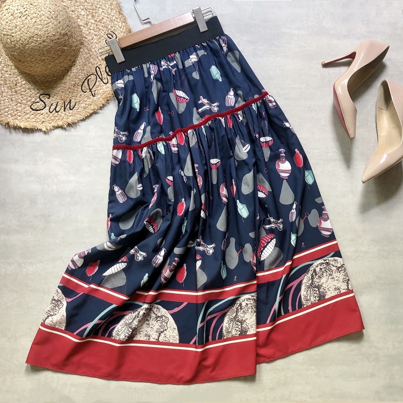 Chân váy midi dài vải cotton dáng chữ a lưng cao in họa tiết thời trang xuân hè phong cách đường phố dành cho nữ