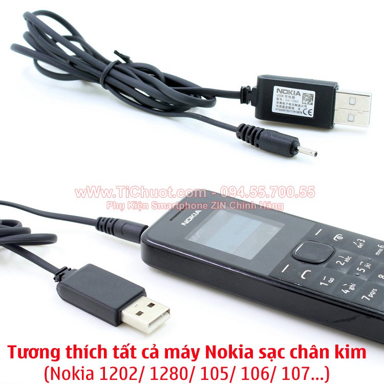 Cáp Nokia USB chân kim CA-100C cho máy Nokia 1202/1280/105/106/107... dùng với Pin sạc dự phòng