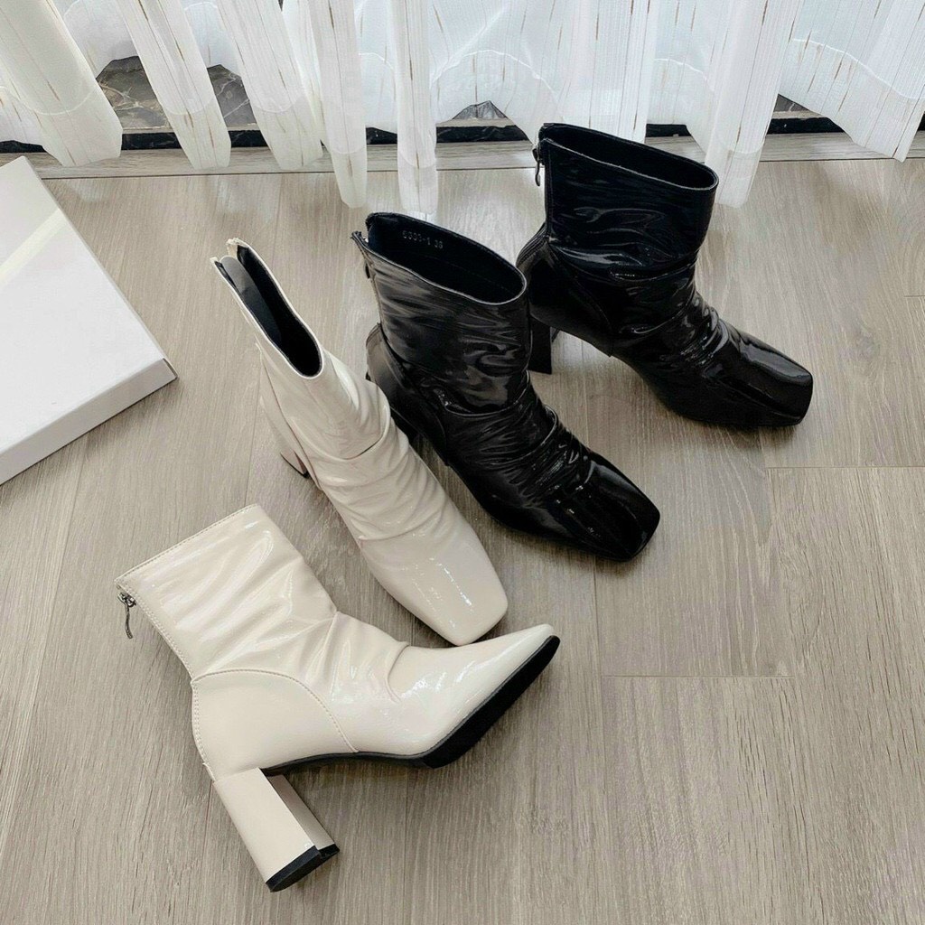 Boot Nữ Cổ Cao Bốt Cổ Nhăn Cao Cách Điệu Gót Vuông 8 Phân Chất Da Bóng Và Da mờ