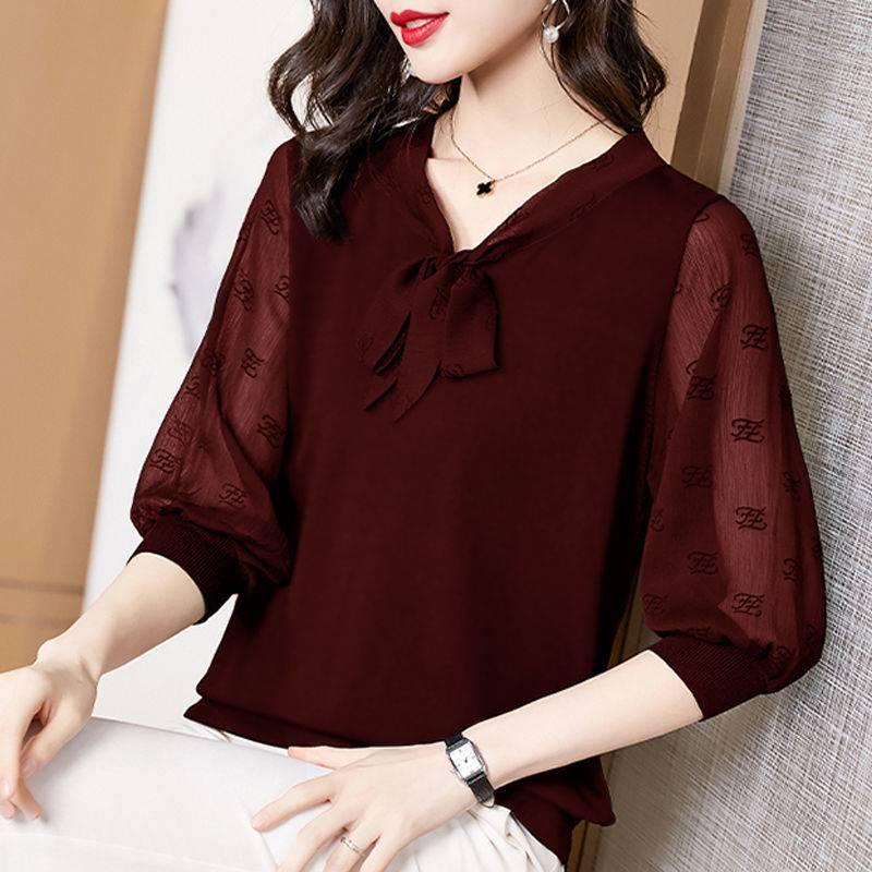 Áo sơ mi vải voan tay lỡ size lớn phong cách thanh lịch cho phụ nữ tuổi trung niên