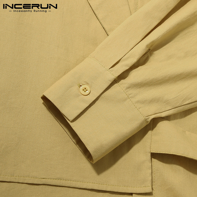 Áo sơ mi INCERUN vải cotton tay dài cổ bẻ màu trơn thời trang cho nam