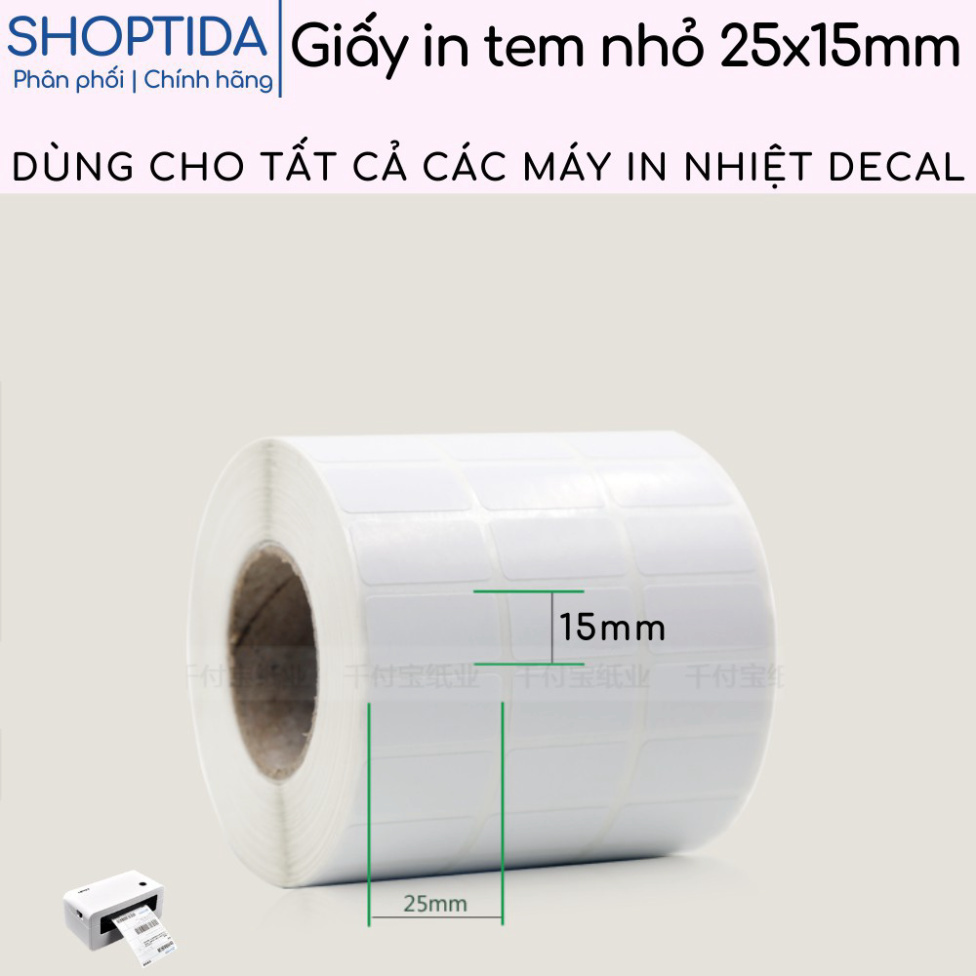 PBO Tem 25x15mm dán mác sản phẩm, tem phụ, tem nhỏ, in nhiệt decal Shoptida 5000 tem/cuộn 50 AO2