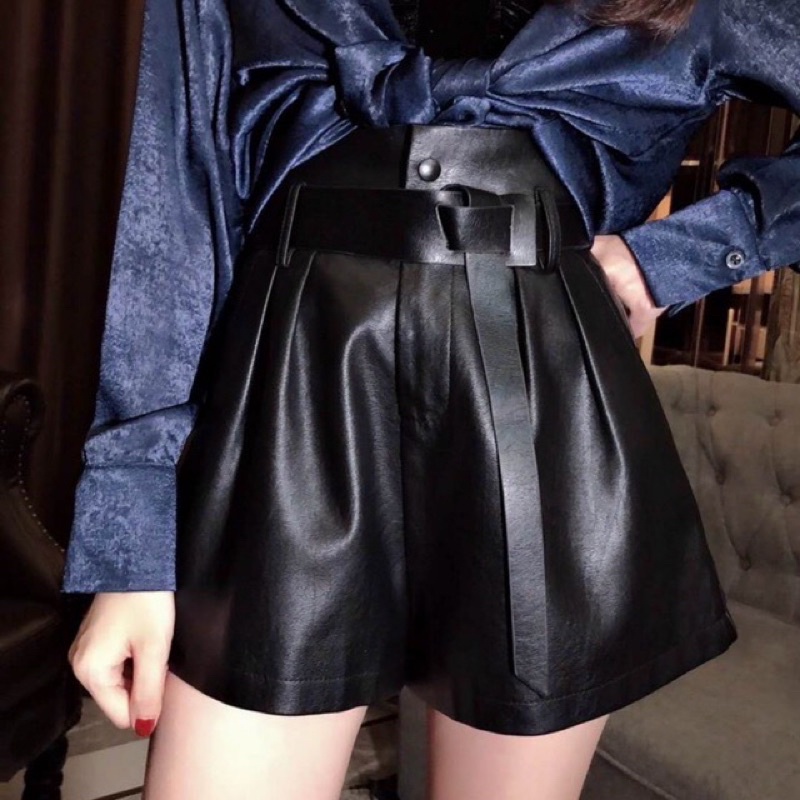 Quần short da cạp cao kèm đai quảng châu