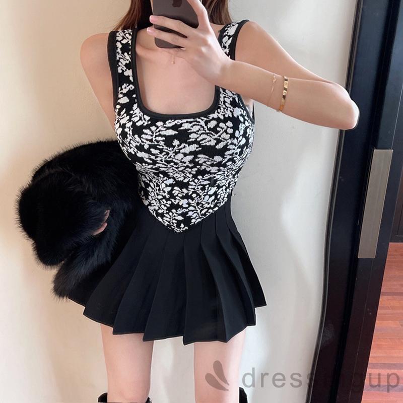 DRE-Women Slim-fit Knit Tank Tops, Sleeveless Contrast Color Floral Print U-shaped Neck Tank Tops