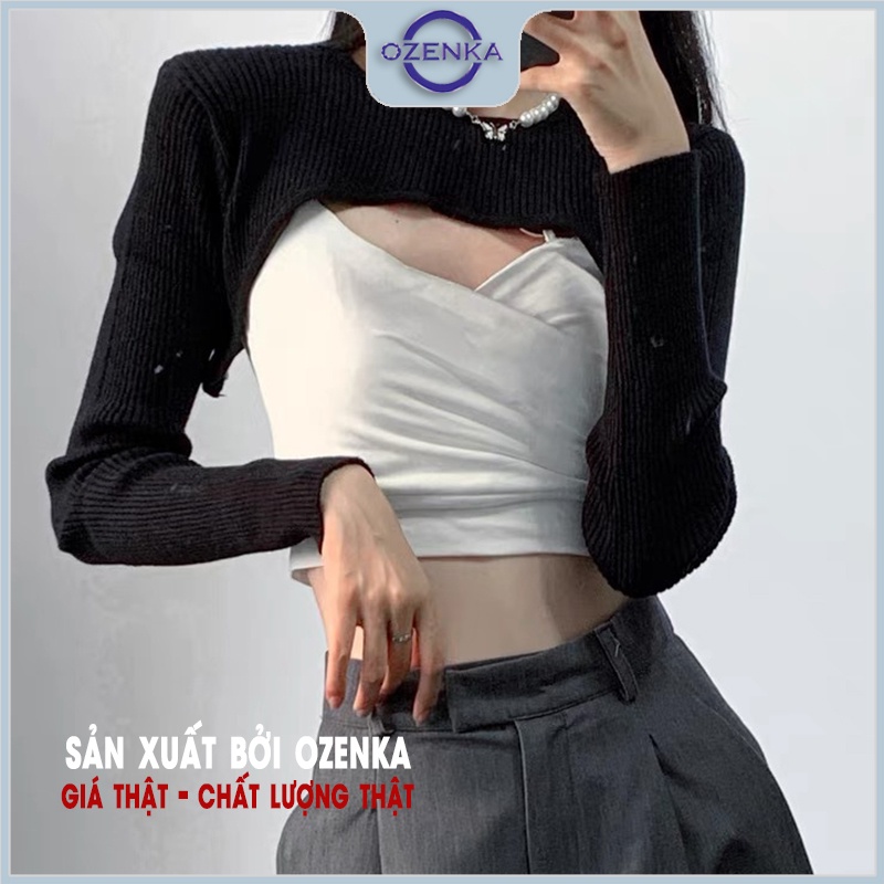 Áo croptop ngắn tay dài kiểu nữ OZENKA , áo dệt kim mặc kèm sang chảnh gợi cảm vải gân cotton 100% màu đen trắng