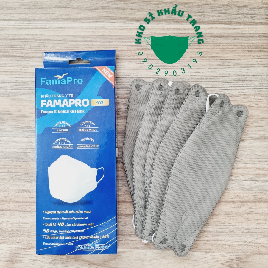 Khẩu trang 4D FAMAPRO 3 lớp kháng khuẩn hộp 10 cái