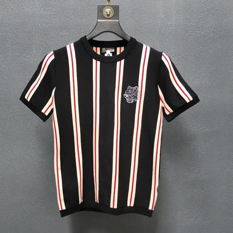 Áo Thun Dệt Kim Tay Ngắn Cổ Tròn Họa Tiết Kẻ Sọc Thời Trang Cho Nam