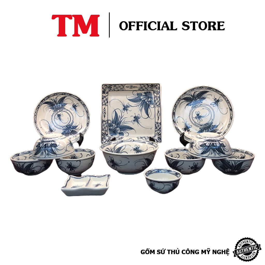 Bộ 12 Sản Phẩm Tô Bát Đĩa Vẽ Chuồn Chuồn Rạn Cao Cấp Xưởng Gốm TM Bát Tràng
